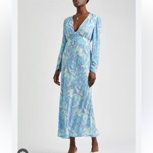 RIXO London Selma maxi white blue floral print dress, size 4/6